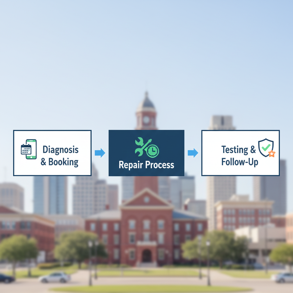 Horizontal process flow diagram illustrating three key stages of RV repair in Denton: initial diagnosis and booking, repair process, and post-repair testing.