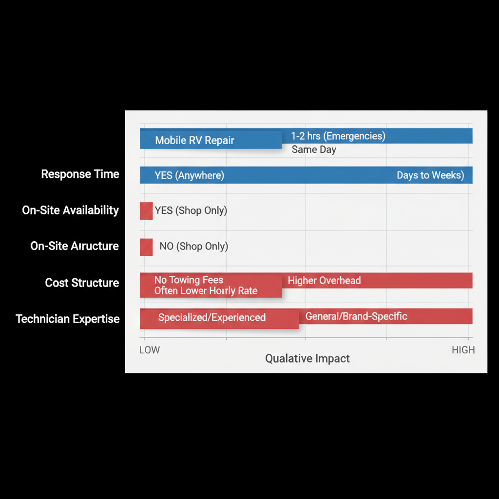 Horizontal bar chart comparing mobile RV repair services to dealership services on response time, availability, cost, and expertise
