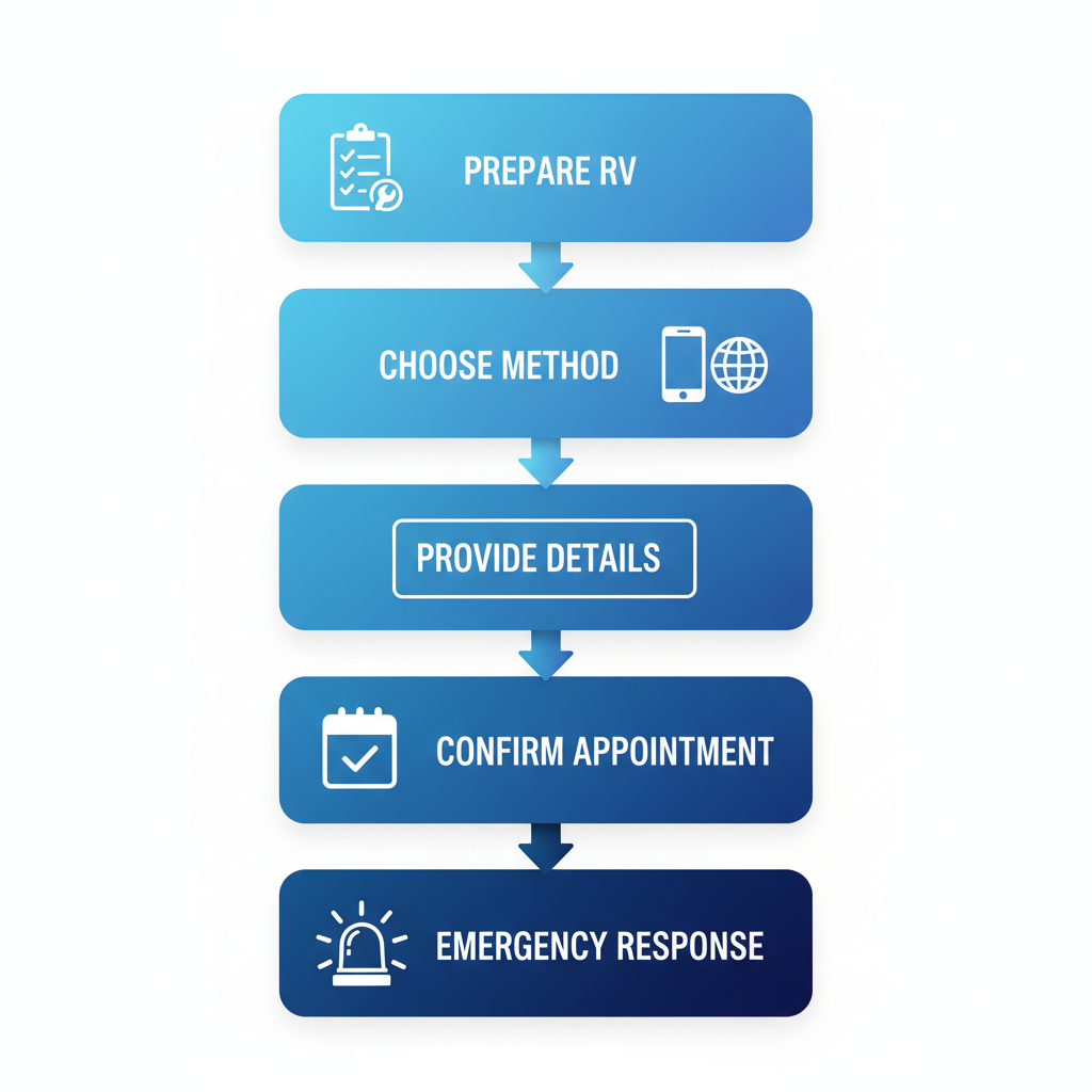 Vertical process flow diagram showing five steps to schedule mobile RV services: prepare, choose method, provide details, confirm, and emergency response.