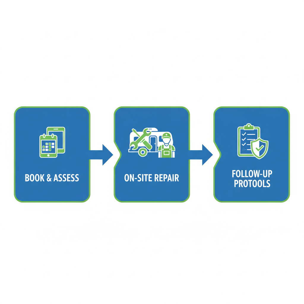 Horizontal process flow diagram of three stages for mobile RV repairs in Denton: booking assessment, on-site execution, and follow-up protocols