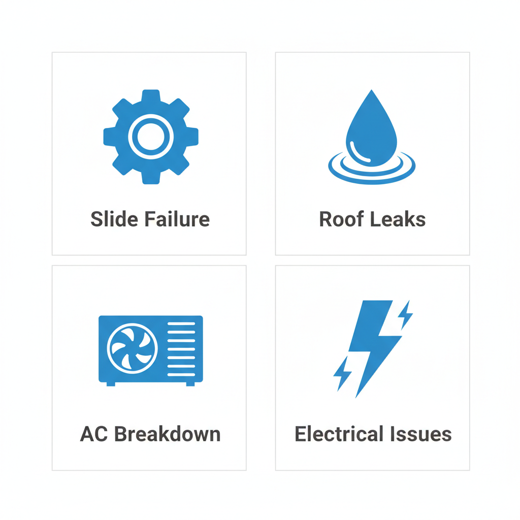 Grid of icons depicting common mobile RV repair issues: slide system failure, roof leaks, AC failures, and electrical problems.