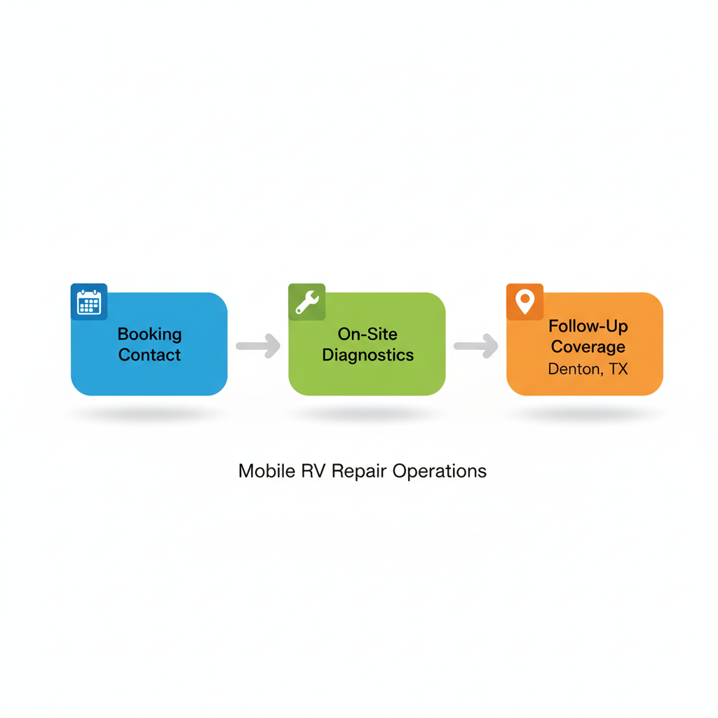 Horizontal process flow diagram illustrating the stages of mobile RV services: booking, on-site diagnostics, and follow-up in Denton, Texas