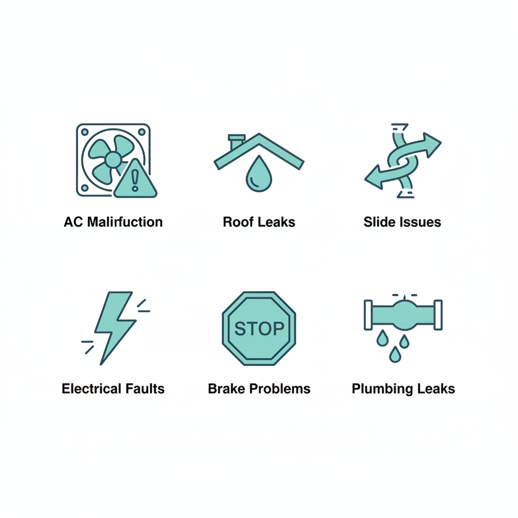 Grid of six icons showing common RV issues like AC malfunction, roof leaks, slide problems, electrical failures, brakes, and plumbing for mobile repairs in Denton, Texas