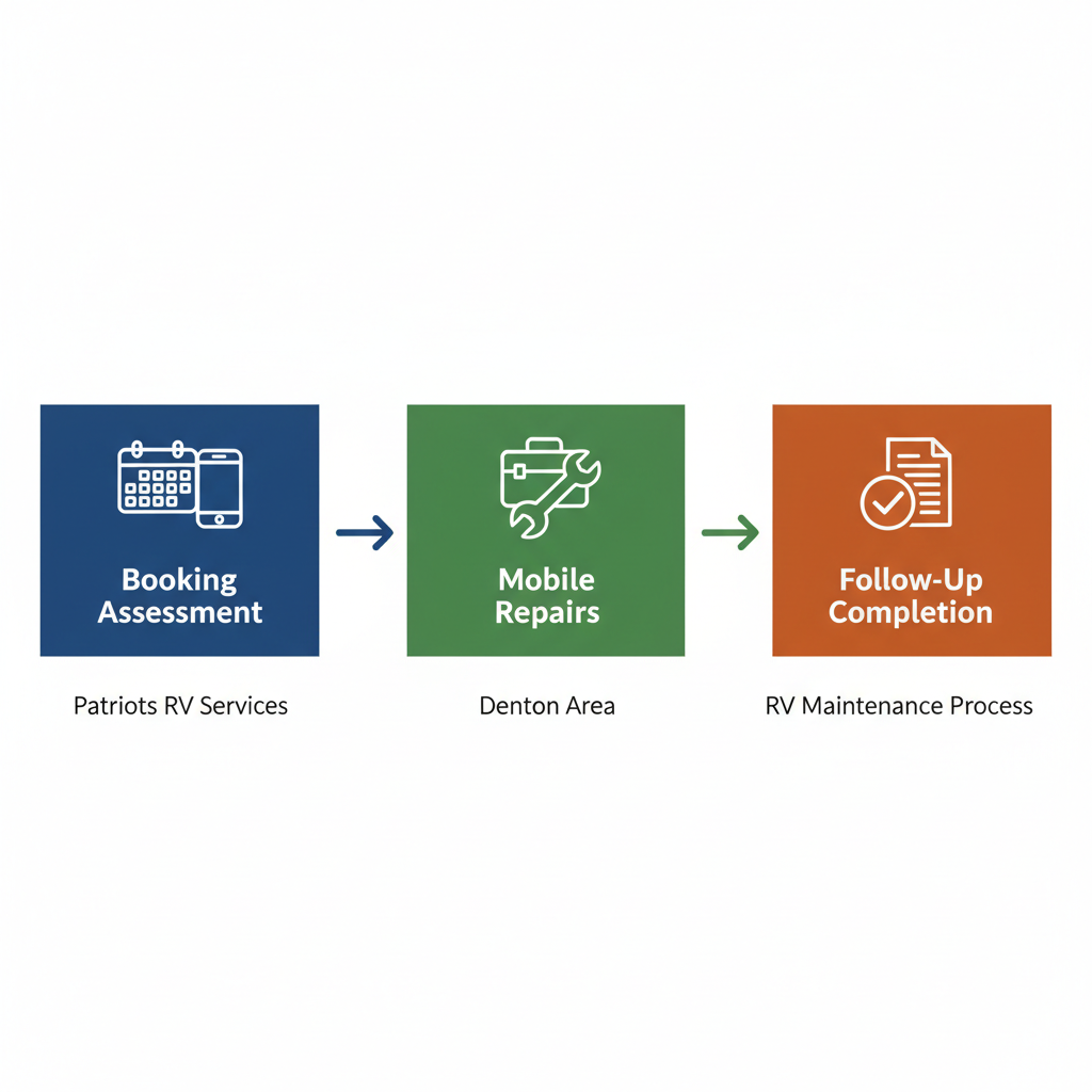 Horizontal process flow diagram showing three stages of RV maintenance: booking and assessment, mobile repairs and workshop procedures, follow-up and completion with icons.