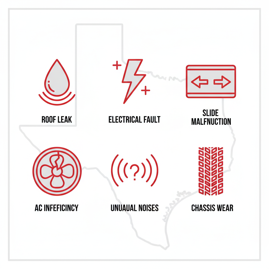 Grid of six outline icons depicting common RV maintenance issues: roof leak, electrical fault, slide malfunction, AC inefficiency, unusual noises, and chassis wear in North Texas.
