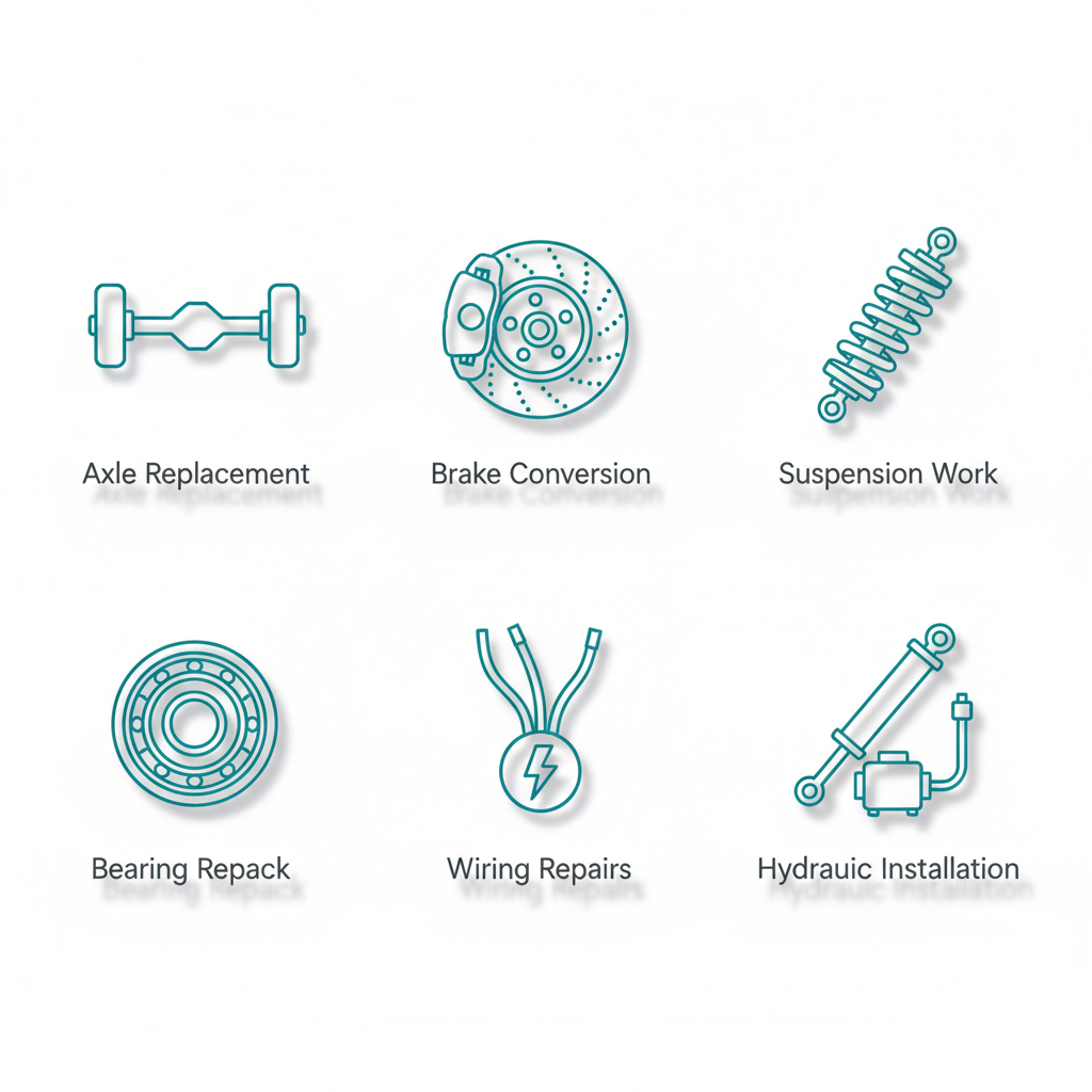Grid of icons depicting trailer repair services including axle replacement, brake conversion, suspension work, bearing repack, wiring repairs, and hydraulic installation