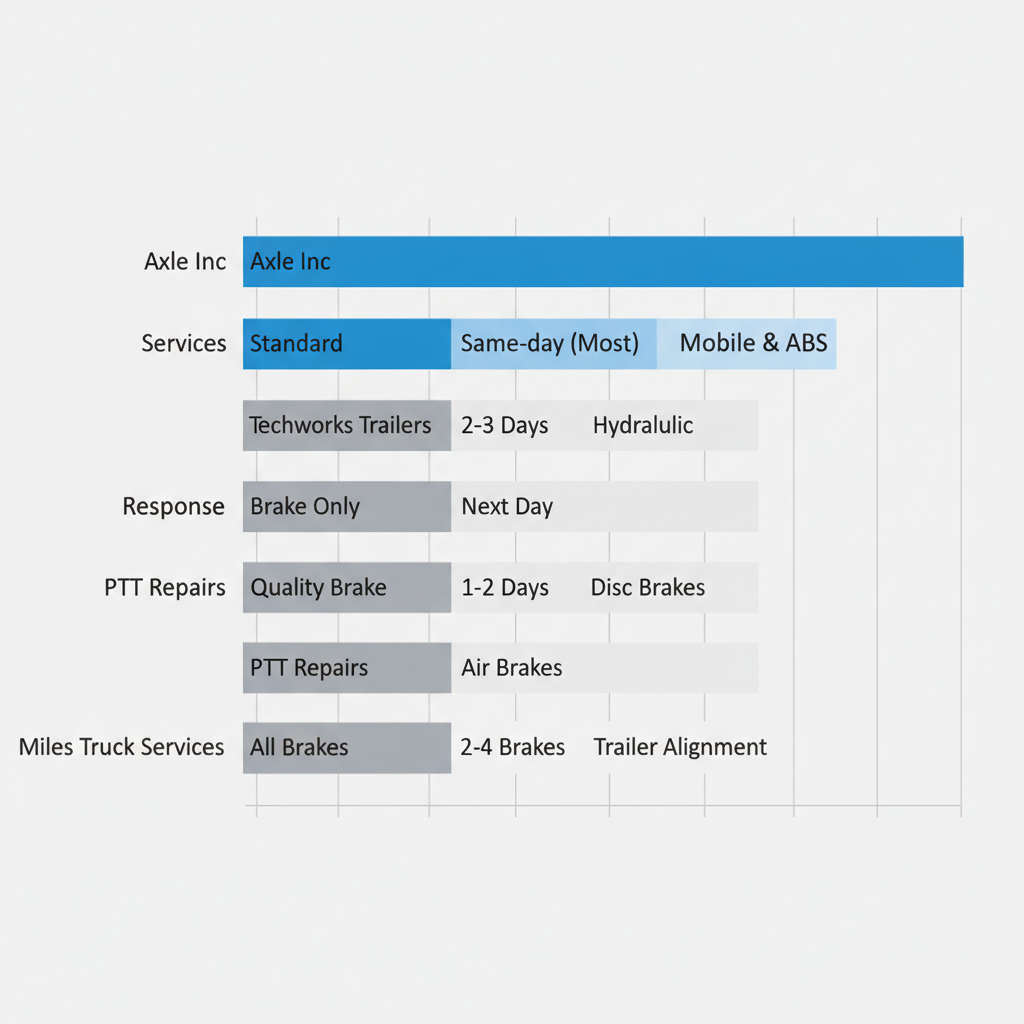 Horizontal bar chart comparing trailer brake repair shops in Elkhart area by services, response time, specialties, and contact details