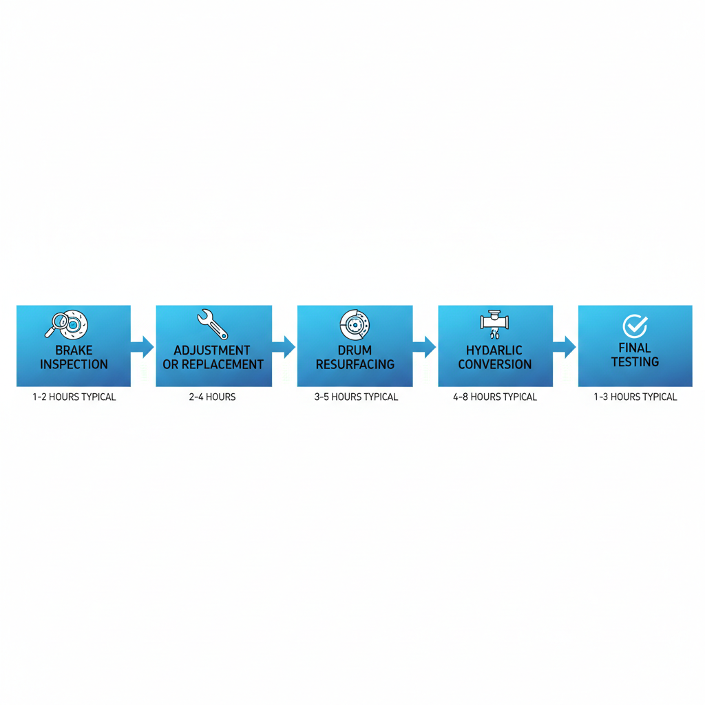 Horizontal process flow diagram illustrating five steps of trailer brake repair services with icons and brief timelines