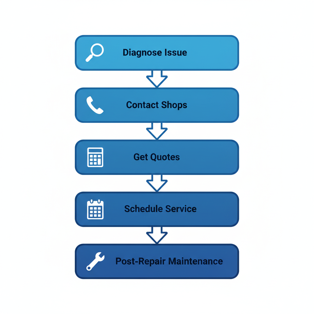 Vertical process flow diagram showing five steps to get trailer repair in South Bend, Indiana, with icons for diagnosis, contact, quotes, scheduling, and maintenance.