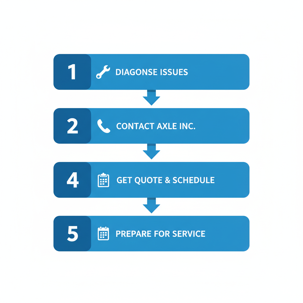 Vertical process flow diagram illustrating five steps to schedule trailer axle repair: diagnose issues with wrench icon, contact Axle Inc. with phone icon, provide details with clipboard icon, get quote and schedule with calendar icon, prepare for service with checklist icon.