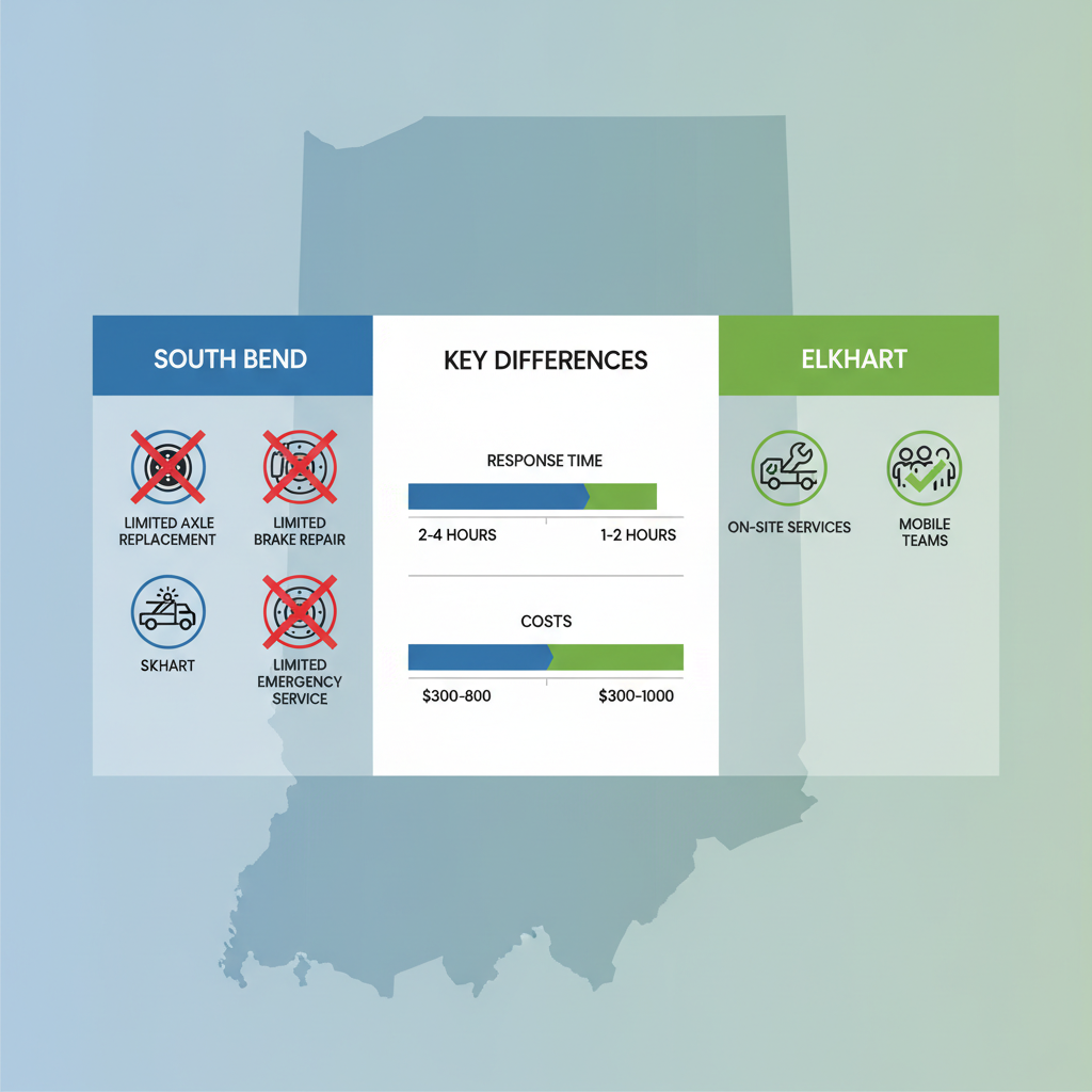 Infographic comparing trailer repair services availability, response times, and costs in South Bend versus Elkhart areas