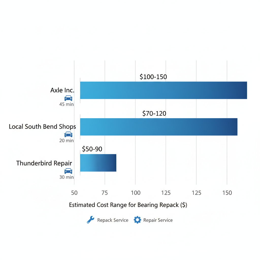 Horizontal bar chart comparing bearing repack costs at Axle Inc., local shops, and Thunderbird Repair near South Bend, with drive time icons and service legend
