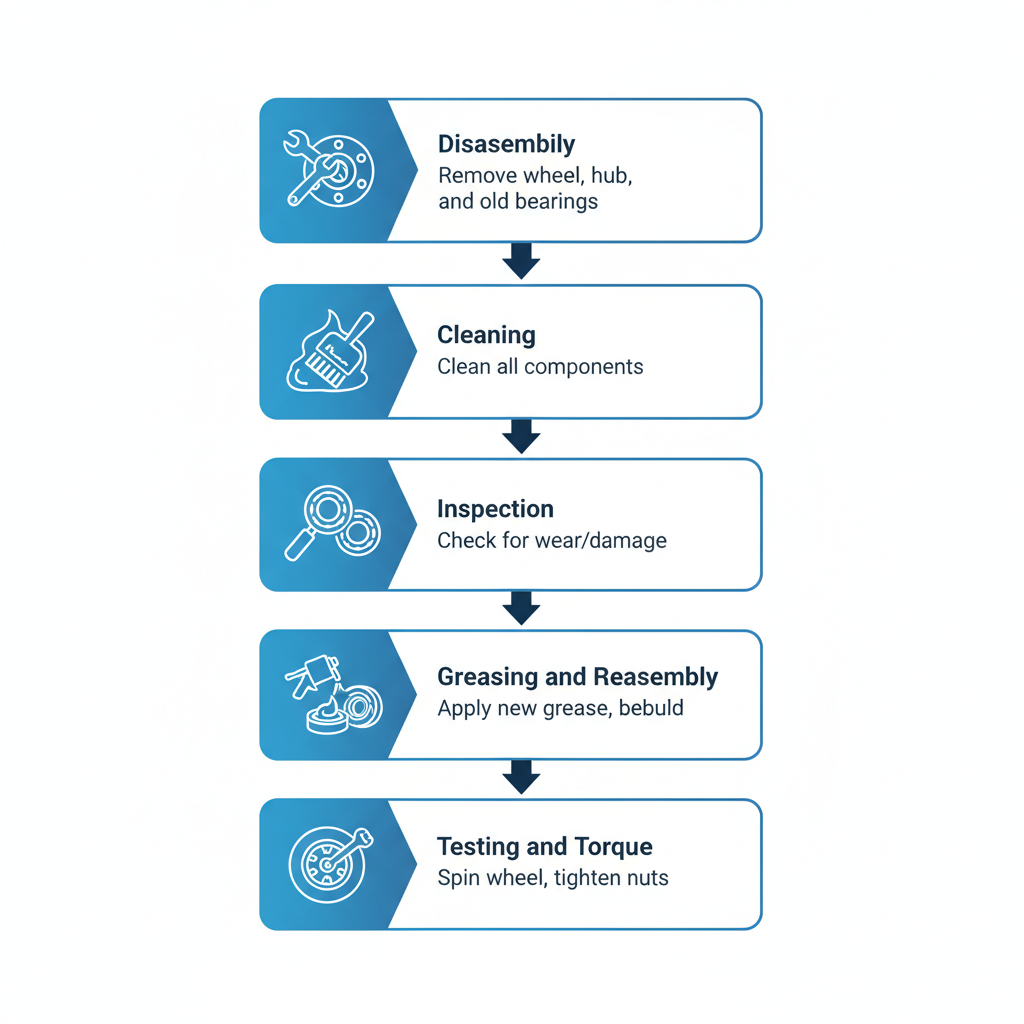 Vertical process flow illustrating the five steps of trailer hub bearing repack service: disassembly, cleaning, inspection, greasing and reassembly, testing and torque.