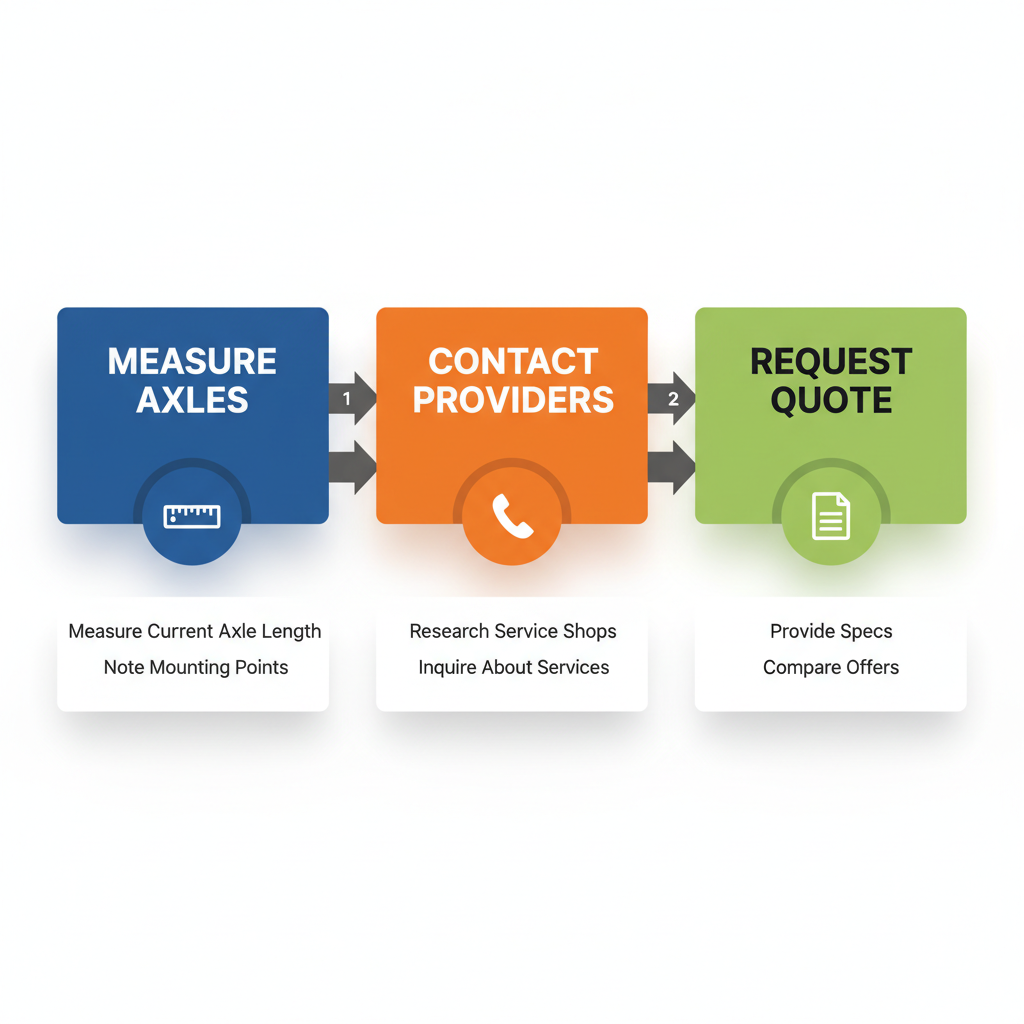 Horizontal process flow diagram illustrating three steps to get started with custom trailer axle services: measuring axles, contacting providers, and requesting quotes.