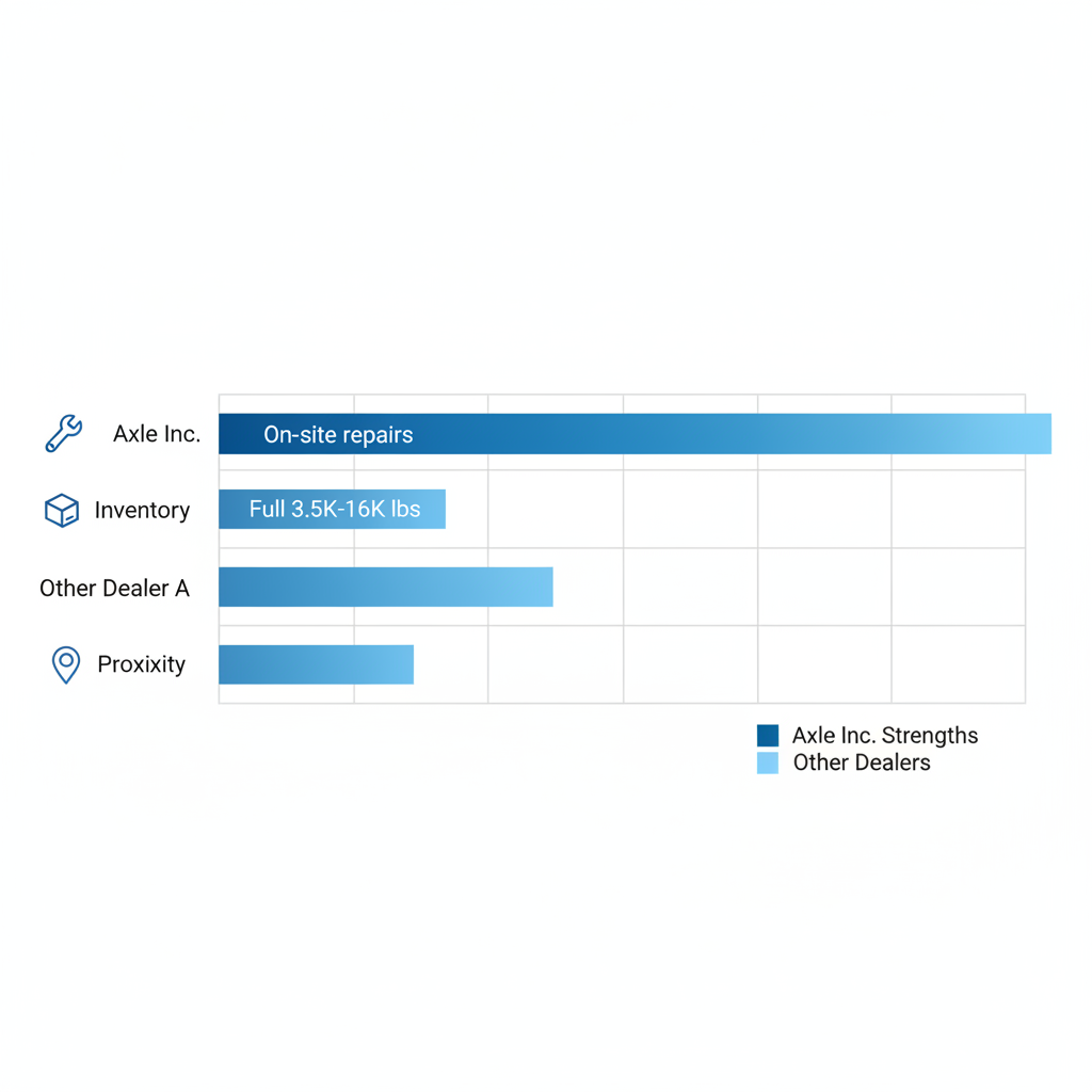 Horizontal bar chart comparing ratings of local Dexter axle dealers on services, inventory depth, and proximity to South Bend