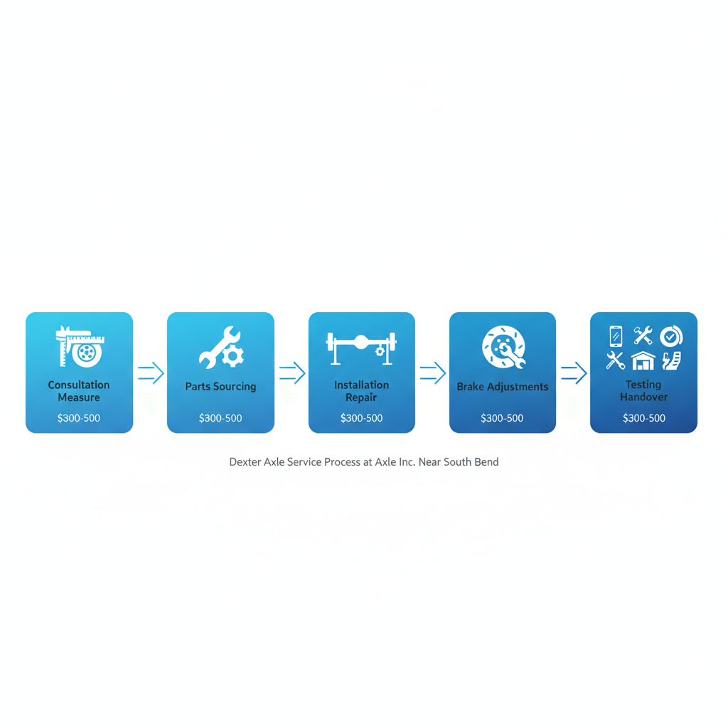 Horizontal process flow diagram of Dexter axle services including consultation, parts sourcing, installation, brake adjustments, and testing handover with icons and minimal labels.