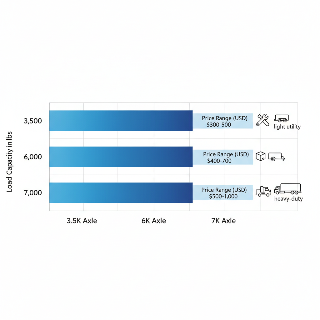 Horizontal bar chart comparing load capacities, price ranges, and typical uses for Dexter 3.5K, 6K, and 7K axles in South Bend