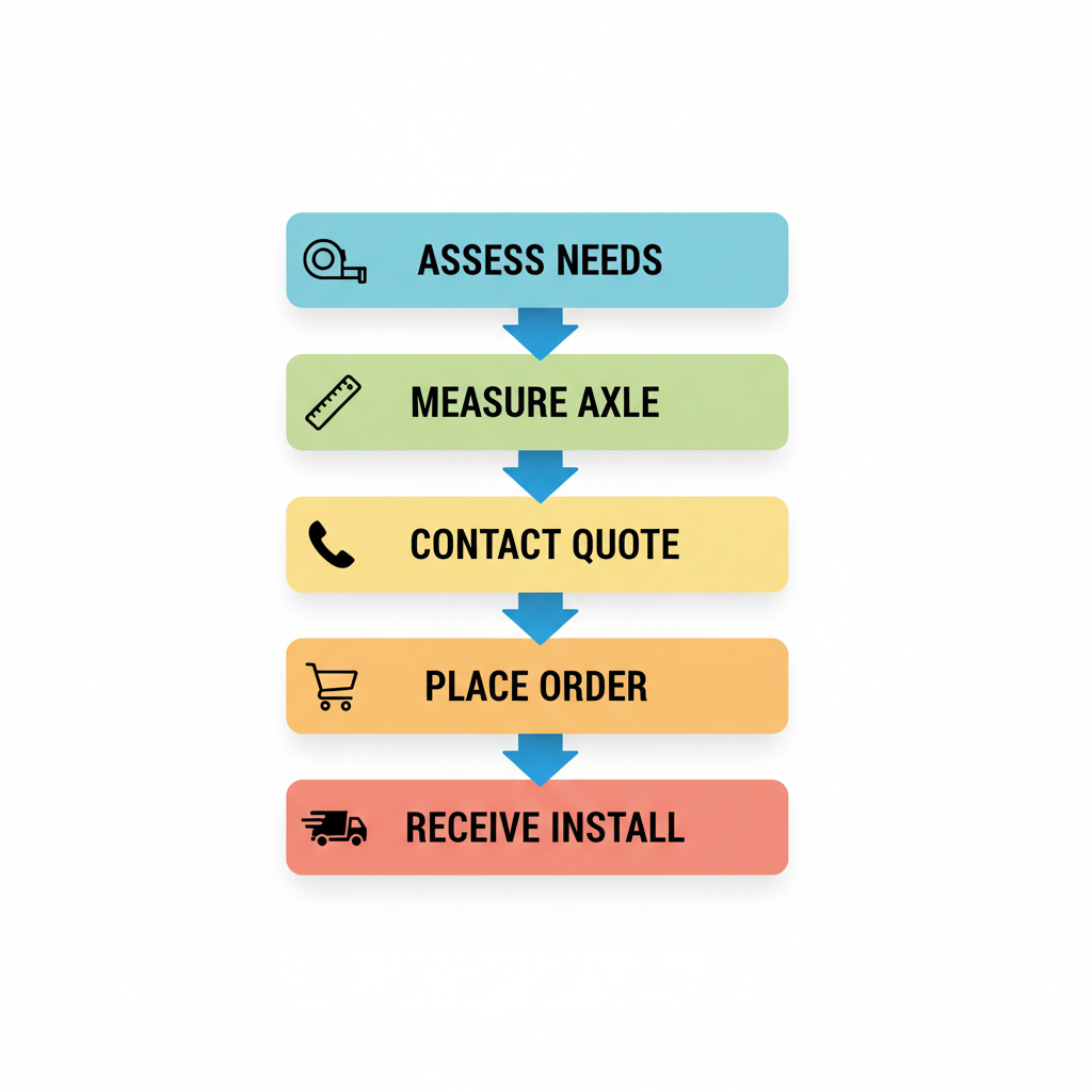 Vertical process flow diagram showing five steps to source Dexter axle parts in South Bend: assess needs, measure dimensions, contact for quote, place order, and receive install.