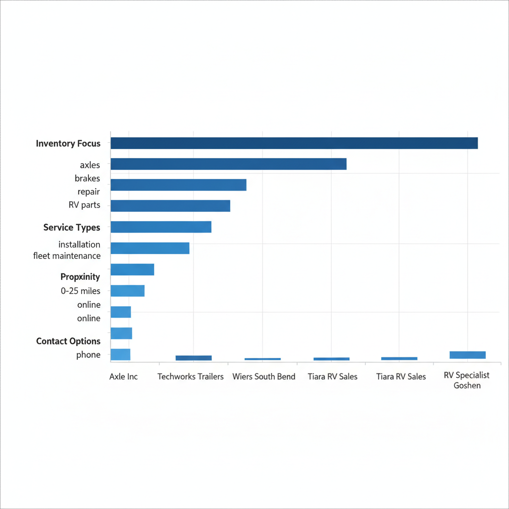 Horizontal bar chart comparing trailer providers near South Bend, Indiana, emphasizing Axle Inc's inventory, services, proximity, and contact options
