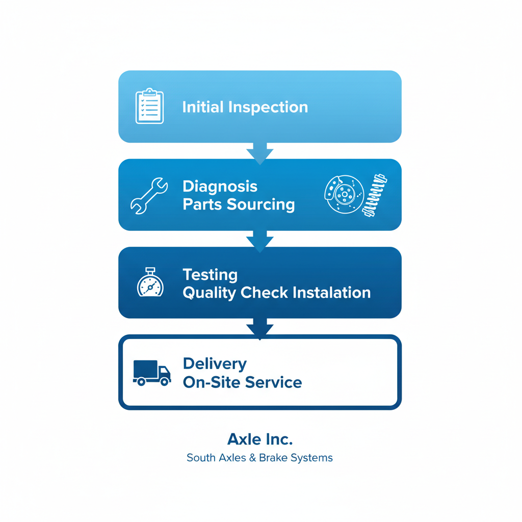 Vertical process flow diagram of trailer repair services at Axle Inc. near South Bend, showing five stages from inspection to delivery.