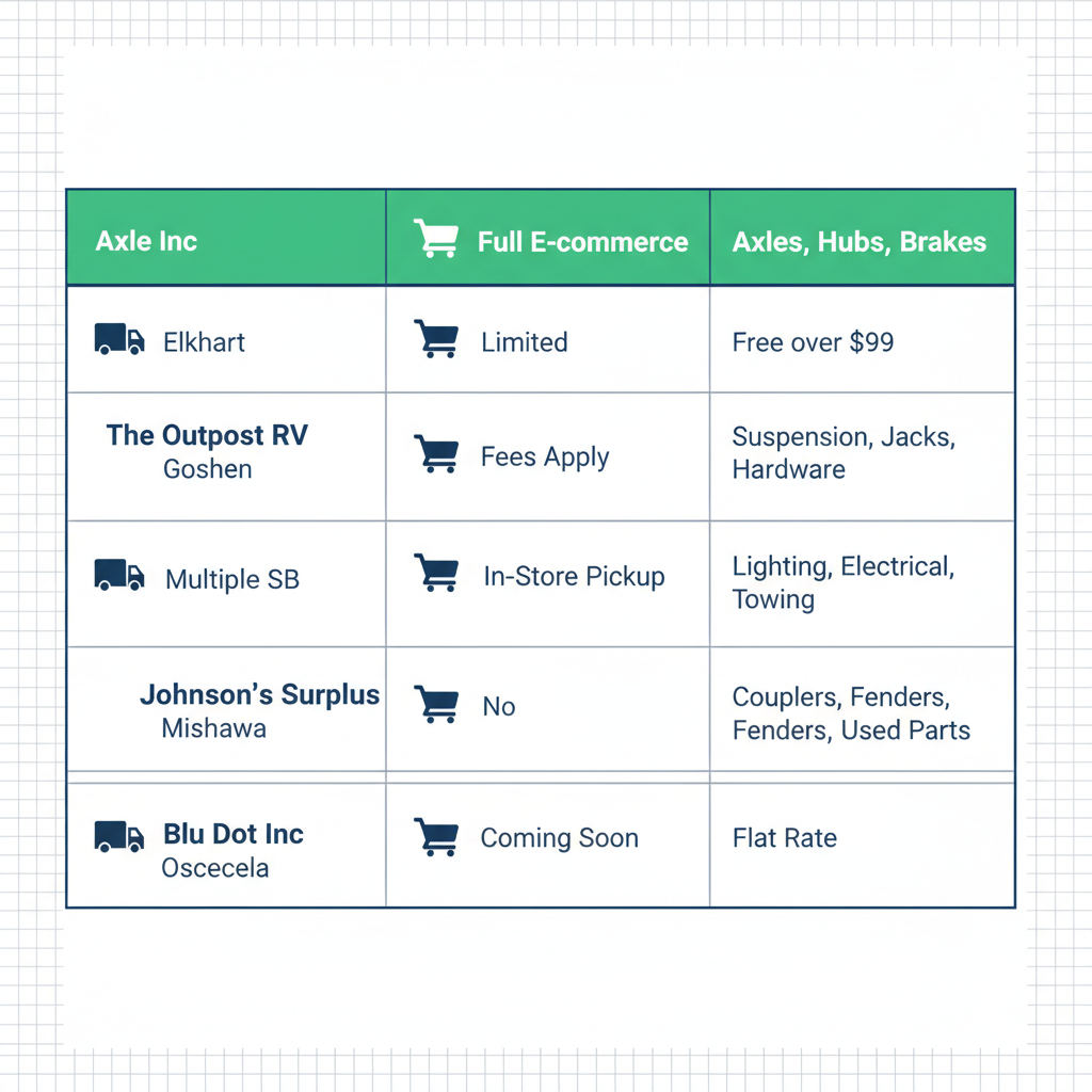 Infographic grid comparing trailer parts suppliers in South Bend area, featuring Axle Inc prominently with icons for location, ordering, delivery, and products