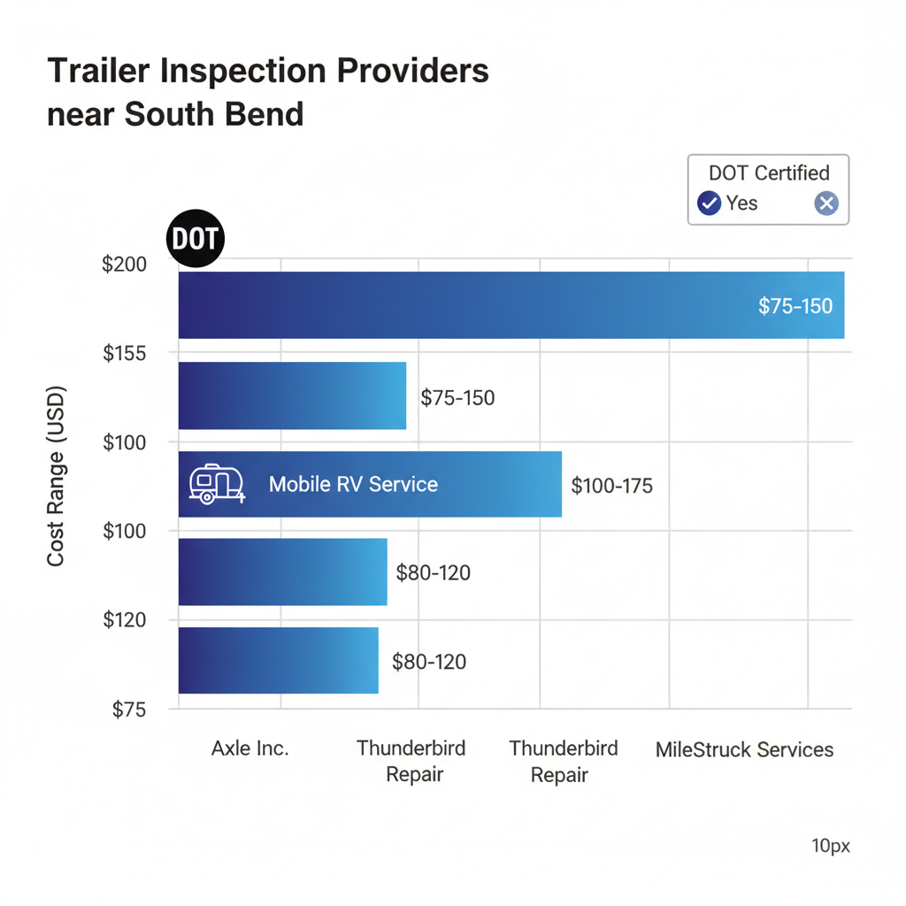 Horizontal bar chart comparing costs of trailer inspection services from providers near South Bend, Indiana, with cost ranges and specialty icons.