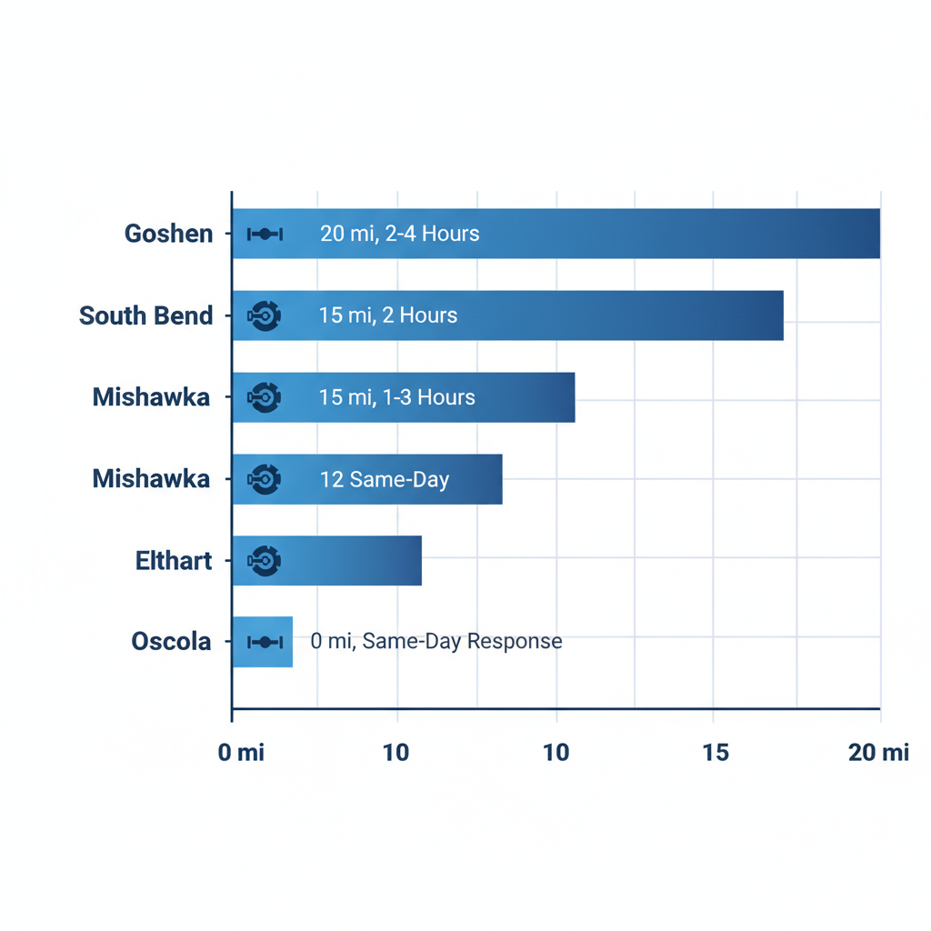 Horizontal bar chart comparing distances in miles from Osceola, IN to nearby trailer repair areas including Elkhart, South Bend, Mishawaka, and Goshen, with service response times and icons for axles and brakes.