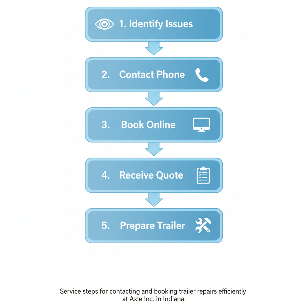 Vertical process flow illustrating five steps to schedule trailer repair service with icons and labels
