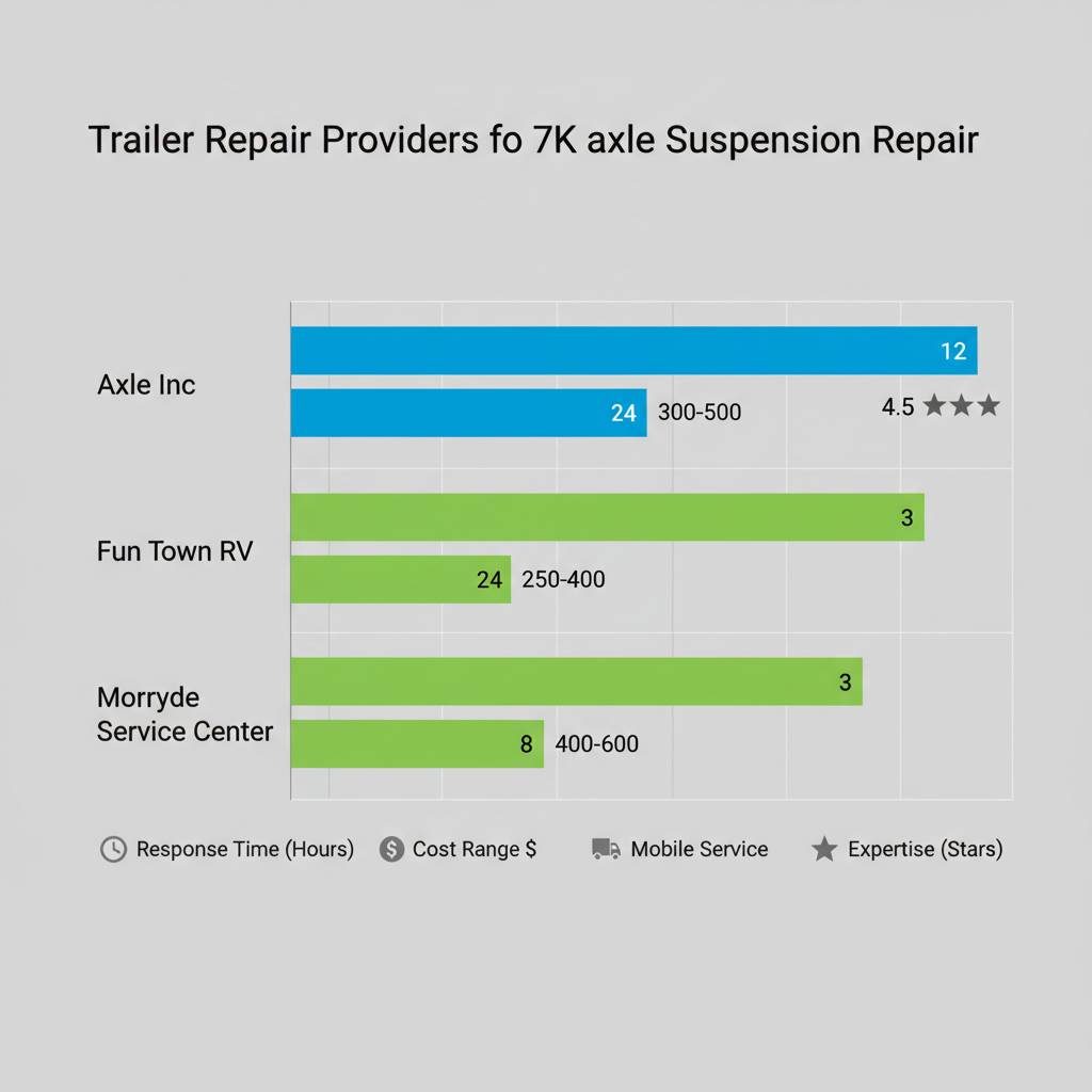 Horizontal bar chart comparing trailer repair providers in Elkhart County by response time, cost, mobile service, and expertise ratings