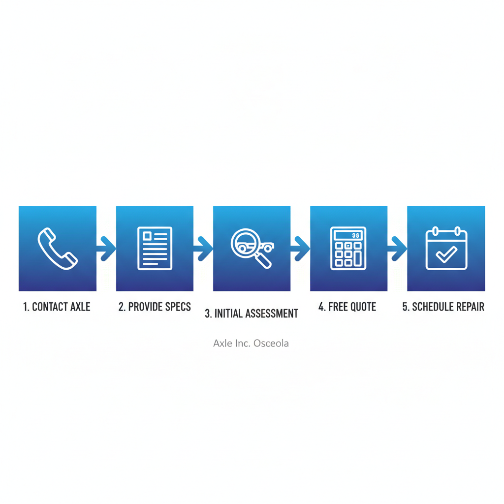 Horizontal process flow diagram showing five steps to initiate trailer repairs at Axle Inc.: contact, provide specifications, assessment, quote, and scheduling.