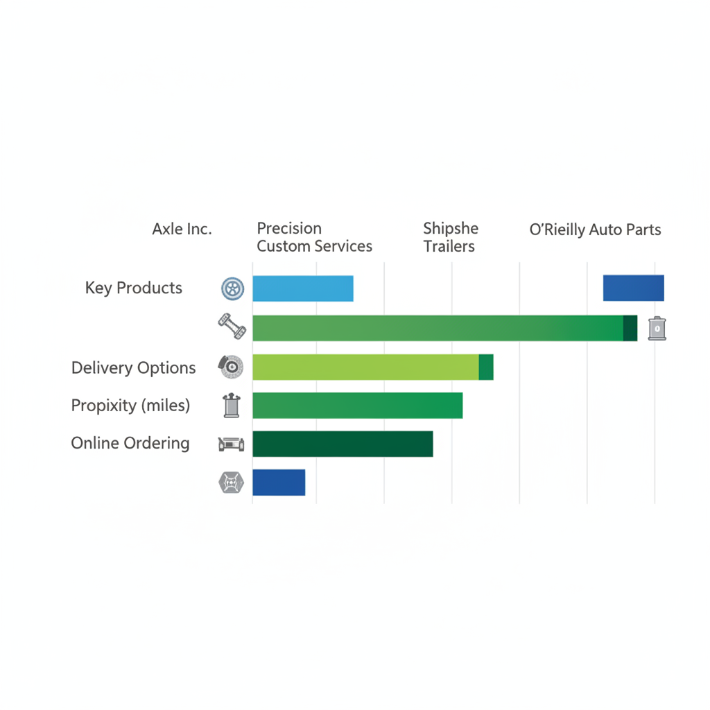 Horizontal bar chart comparing local trailer parts suppliers on key products, delivery, proximity, and online ordering.