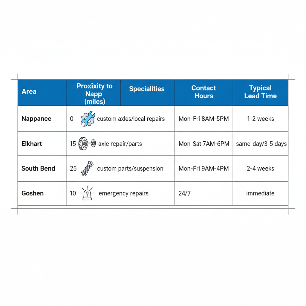 Comparison table of trailer service areas in northern Indiana showing proximity, specialties, contact hours, and typical lead times.