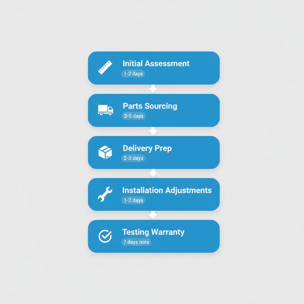Vertical process flow diagram illustrating five steps for custom trailer axle services in Nappanee: assessment and measurement, ordering and sourcing, delivery and preparation, installation and adjustments, testing and warranty setup with icons.