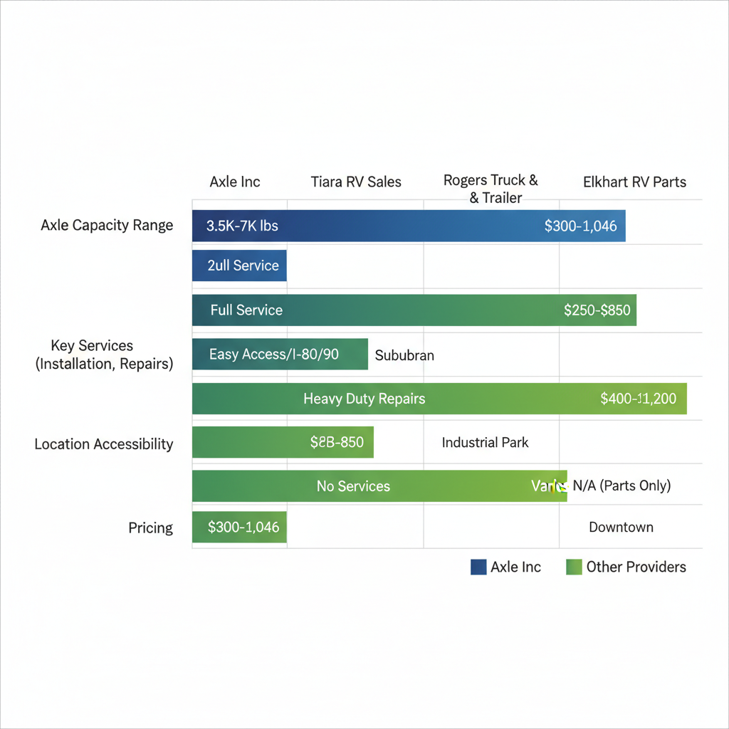 Horizontal bar chart comparing trailer providers in Elkhart by capacity, services, location, and pricing