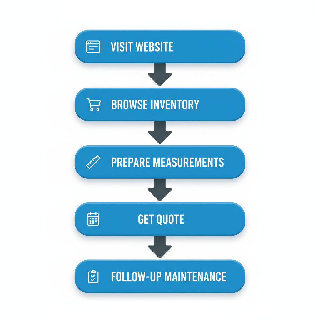 Vertical process flow diagram illustrating five steps to access trailer parts and repair services in Elkhart, Indiana