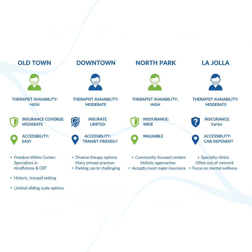 Infographic comparing stress management therapy access in San Diego neighborhoods: Old Town featuring Freedom Within Center, Downtown, North Park, and La Jolla with icons for availability, insurance, and accessibility.