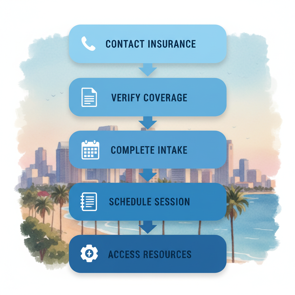 Vertical process flow diagram showing five steps to start panic relief services in San Diego with icons and arrows.