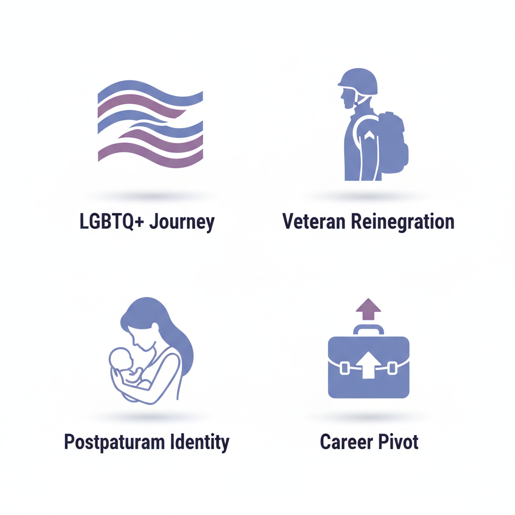 2x2 grid of minimalist icons depicting LGBTQ+ journey, veteran reintegration, postpartum identity, and career pivot themes in soft blue and purple.