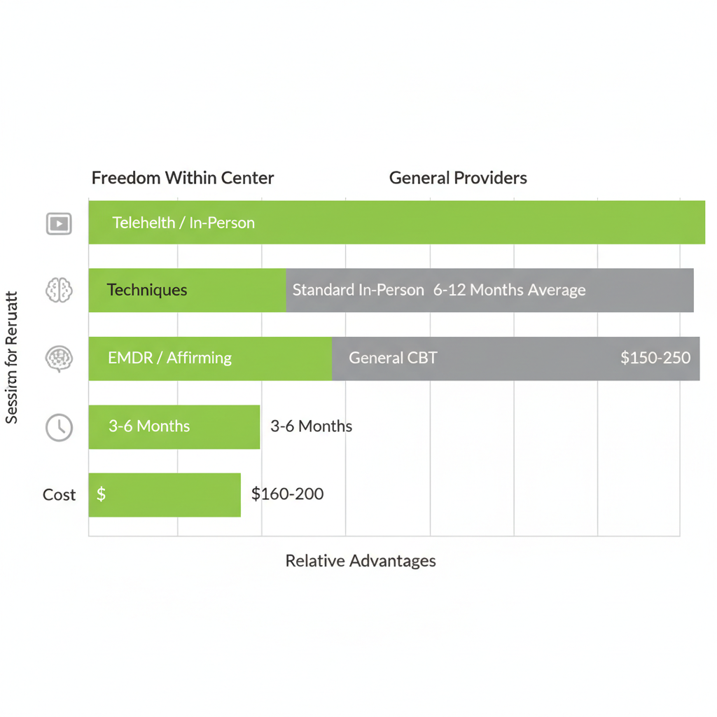 Bar chart comparing identity therapy aspects including session format, techniques, timeline for results, and cost between Freedom Within Center and general San Diego providers, with icons for accessibility.