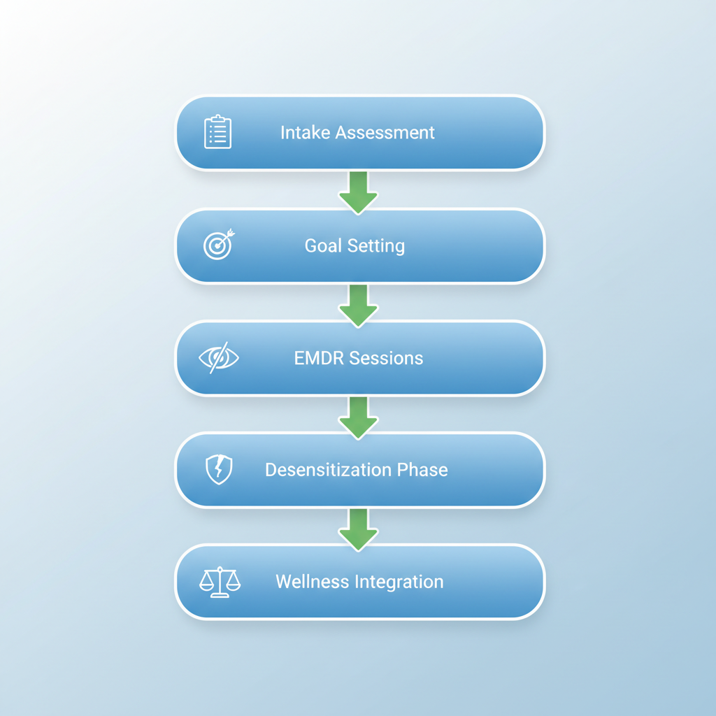 Vertical process flow diagram illustrating the step-by-step PTSD counseling process from intake to wellness integration