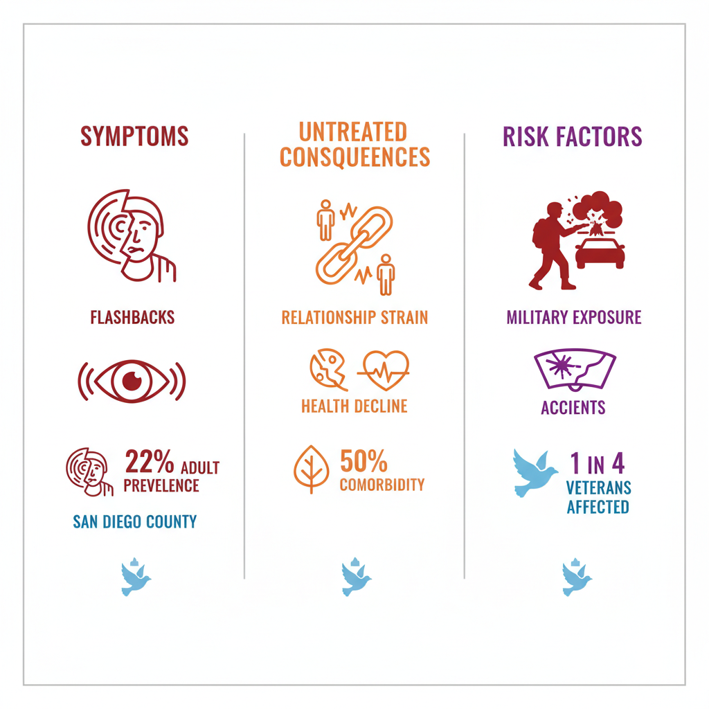 Infographic depicting PTSD symptoms with red icons for flashbacks and hypervigilance, orange warnings for untreated relationship and health impacts, purple icons for risk factors like military exposure and accidents, including San Diego veteran statistics and blue hopeful accents.