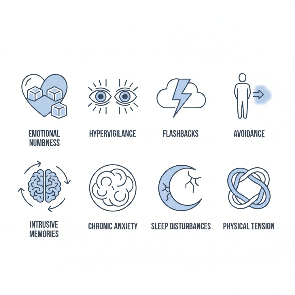 Grid of 8 line art icons depicting common signs of trauma including emotional numbness, hypervigilance, flashbacks, avoidance, intrusive memories, chronic anxiety, sleep disturbances, and physical tension in blue and gray tones on white background