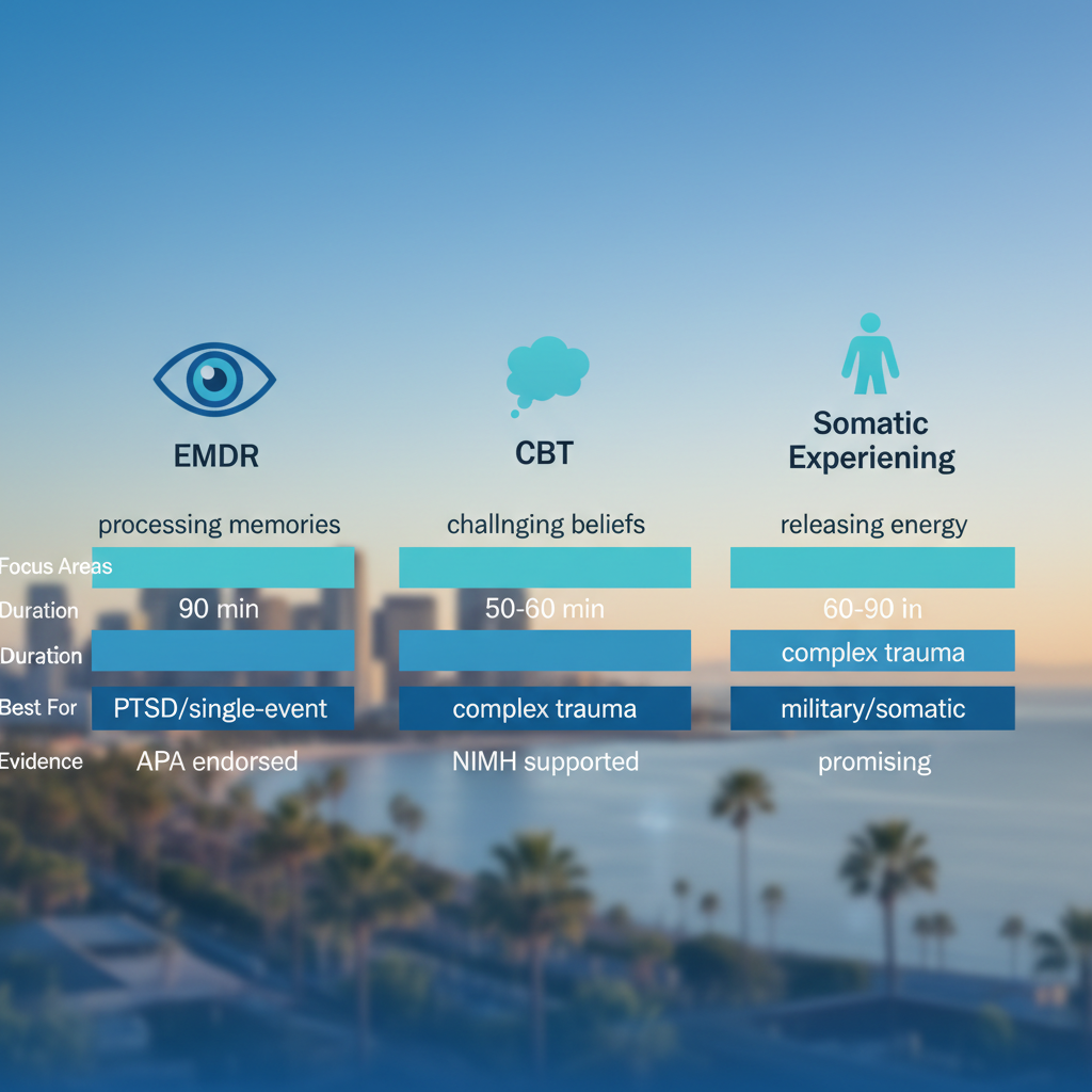 Infographic comparing EMDR, CBT, and Somatic Experiencing trauma therapies with icons, focus areas, durations, best uses, and evidence levels.
