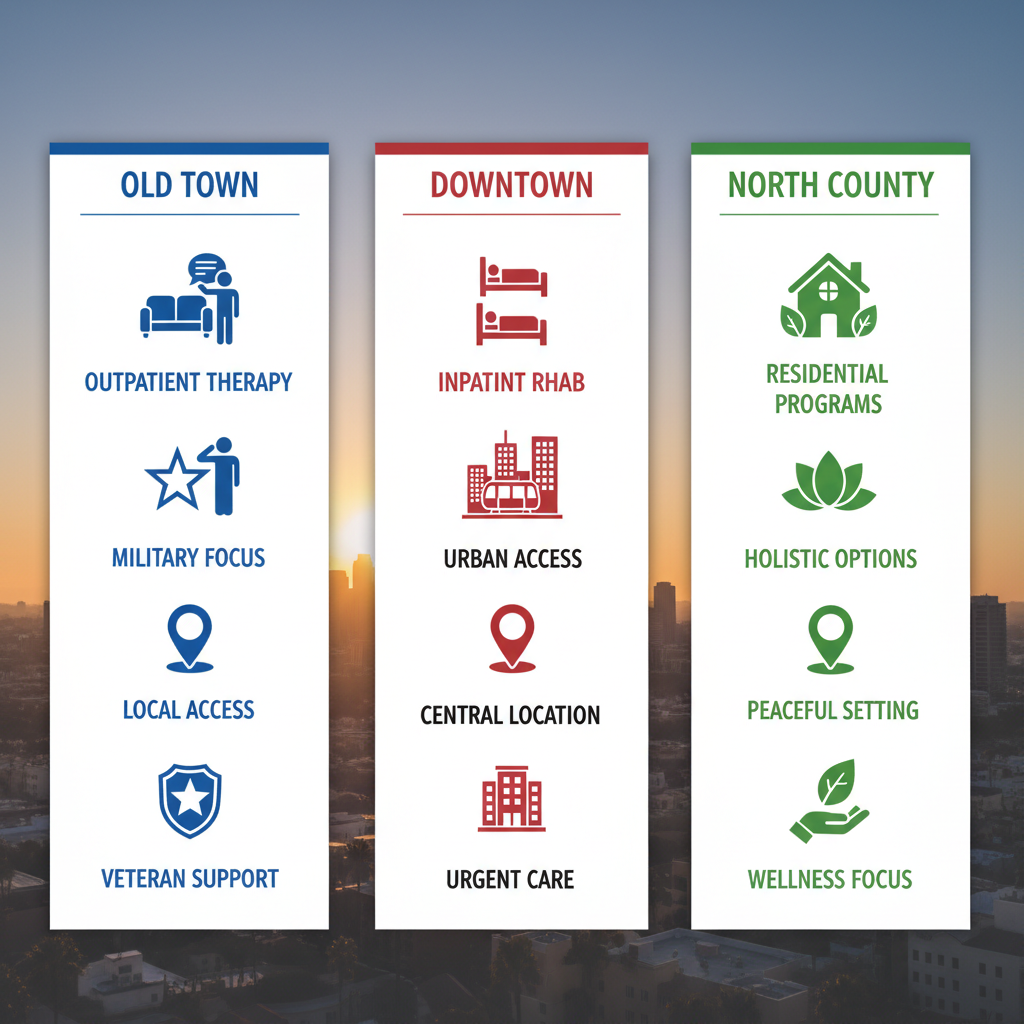 Infographic comparing addiction recovery resources in San Diego neighborhoods: Old Town, Downtown, and North County