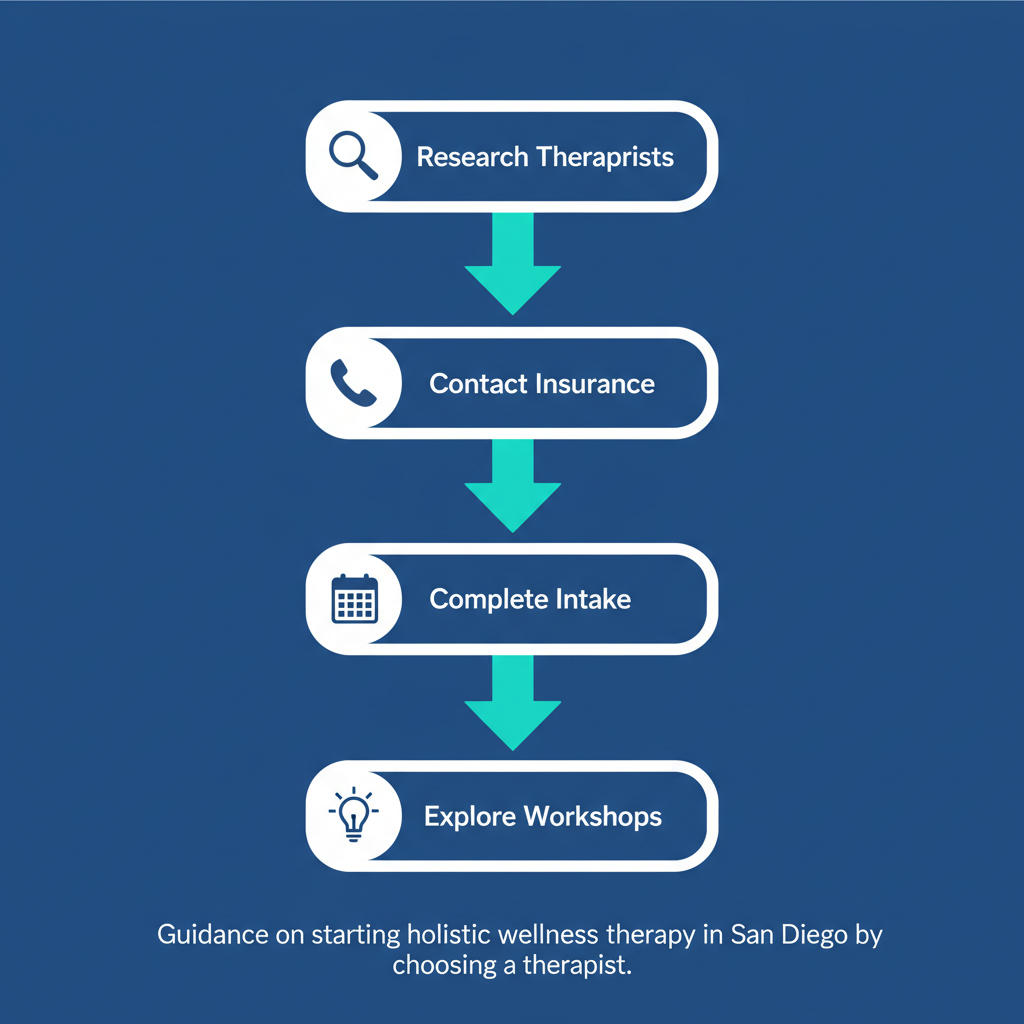 Vertical process flow illustrating five steps to begin holistic wellness therapy: research, contact, intake, attend session, explore workshops