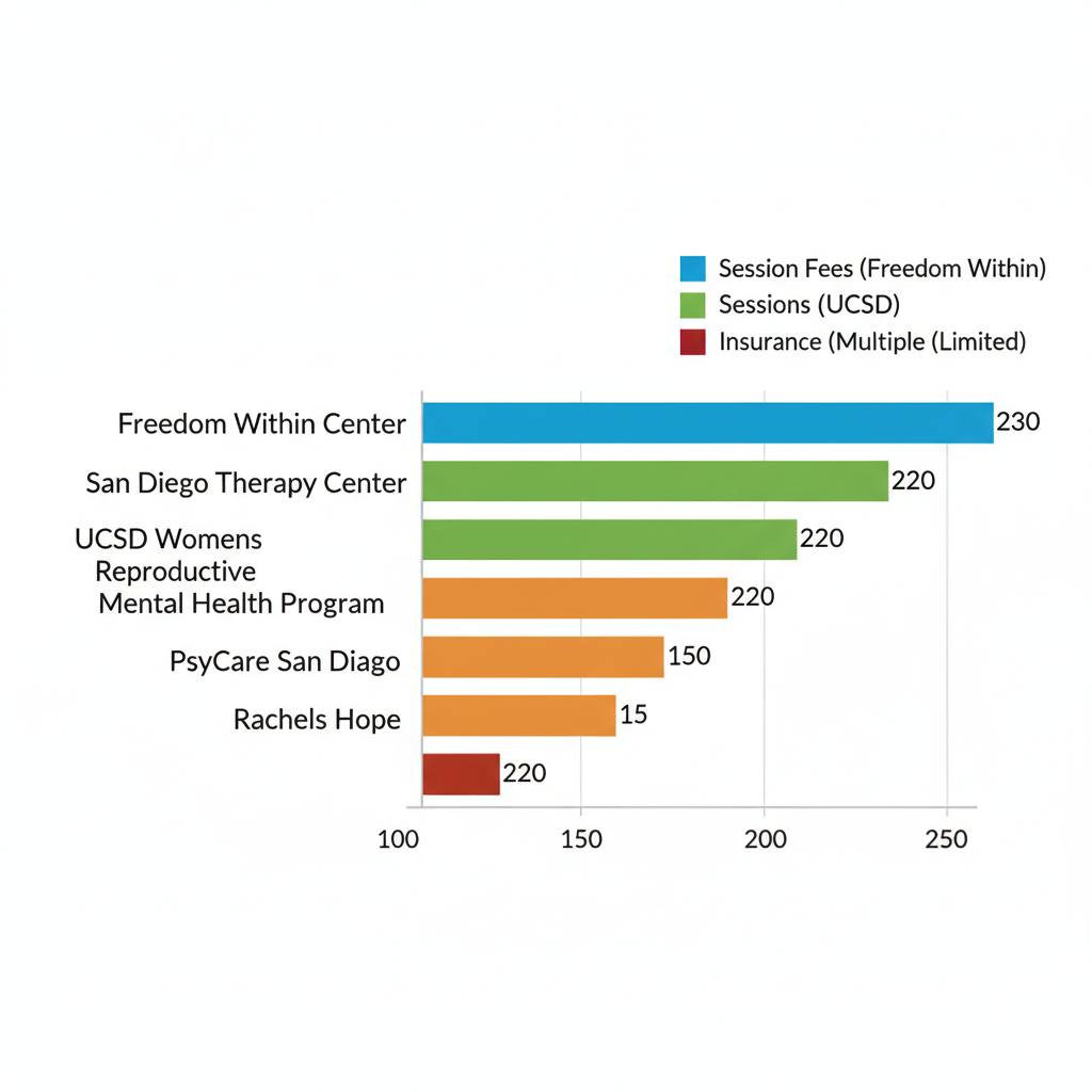 Horizontal bar chart comparing session fees and insurance acceptance for key women's therapy centers in San Diego