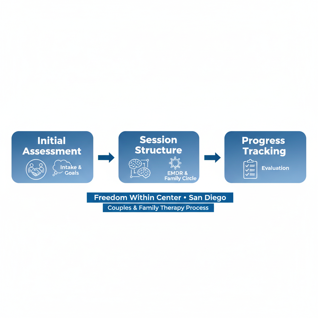 Horizontal process flow diagram illustrating the three main stages of couples and family therapy sessions at Freedom Within Center