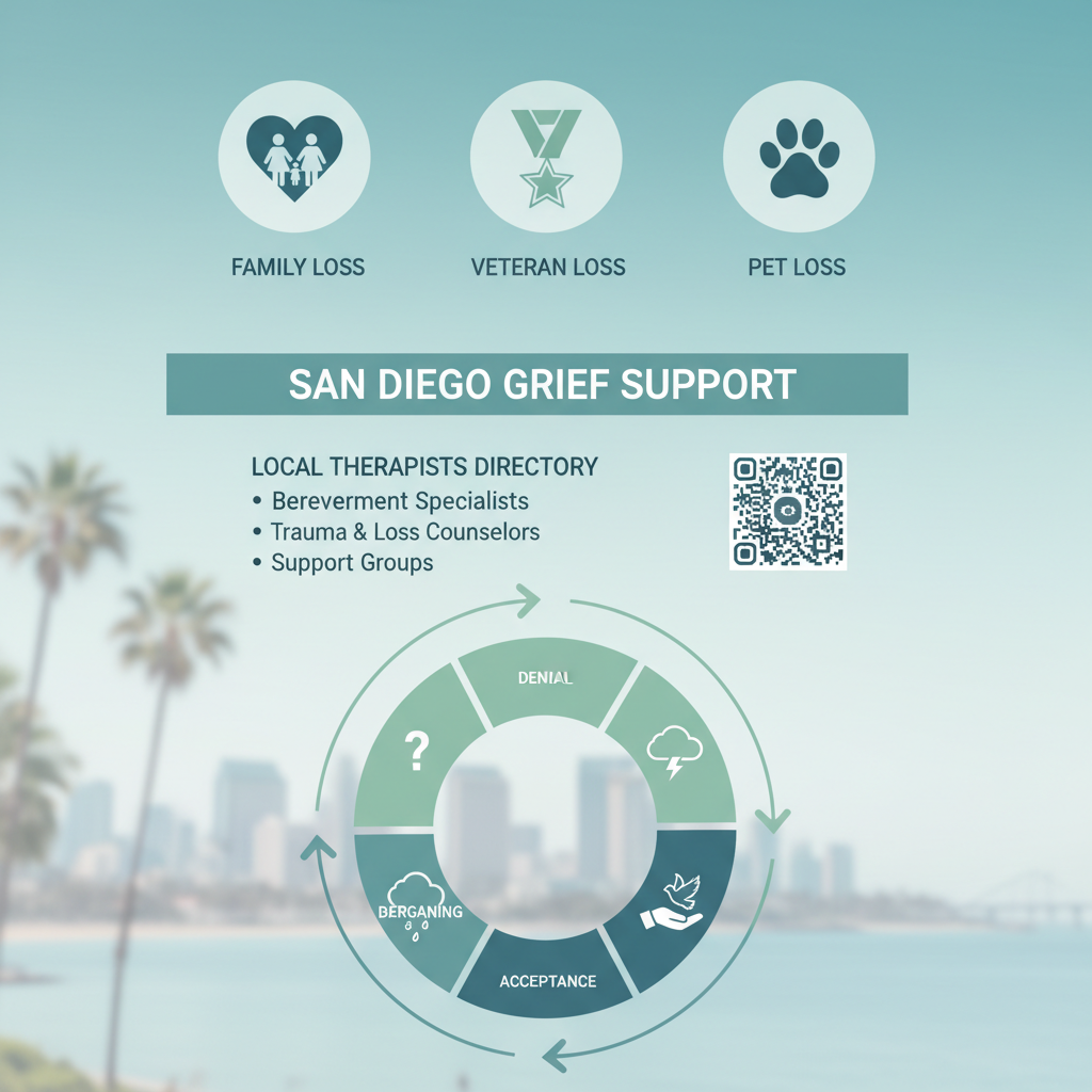 Infographic depicting common types of grief losses and the five stages of grief model in a San Diego setting