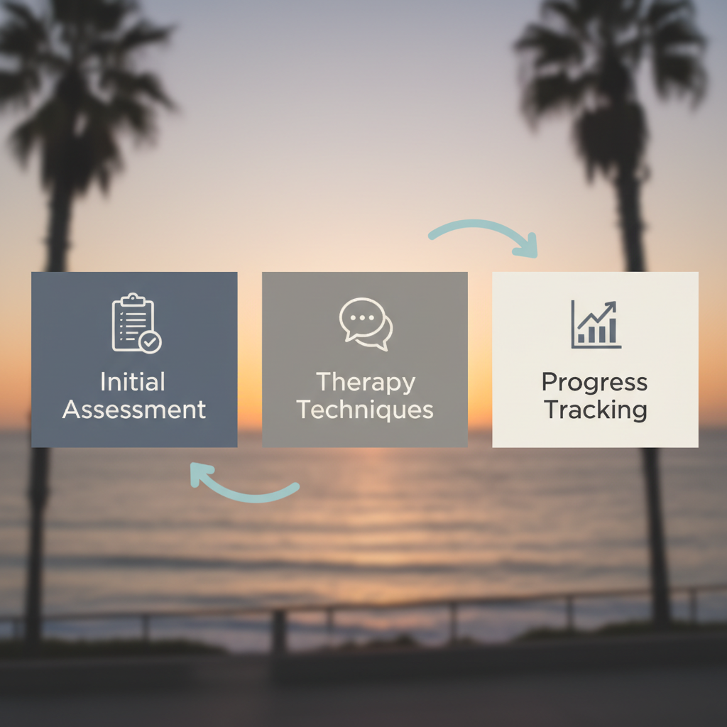 Horizontal process flow diagram illustrating the three main stages of grief counseling: initial assessment, therapy techniques, and progress tracking.