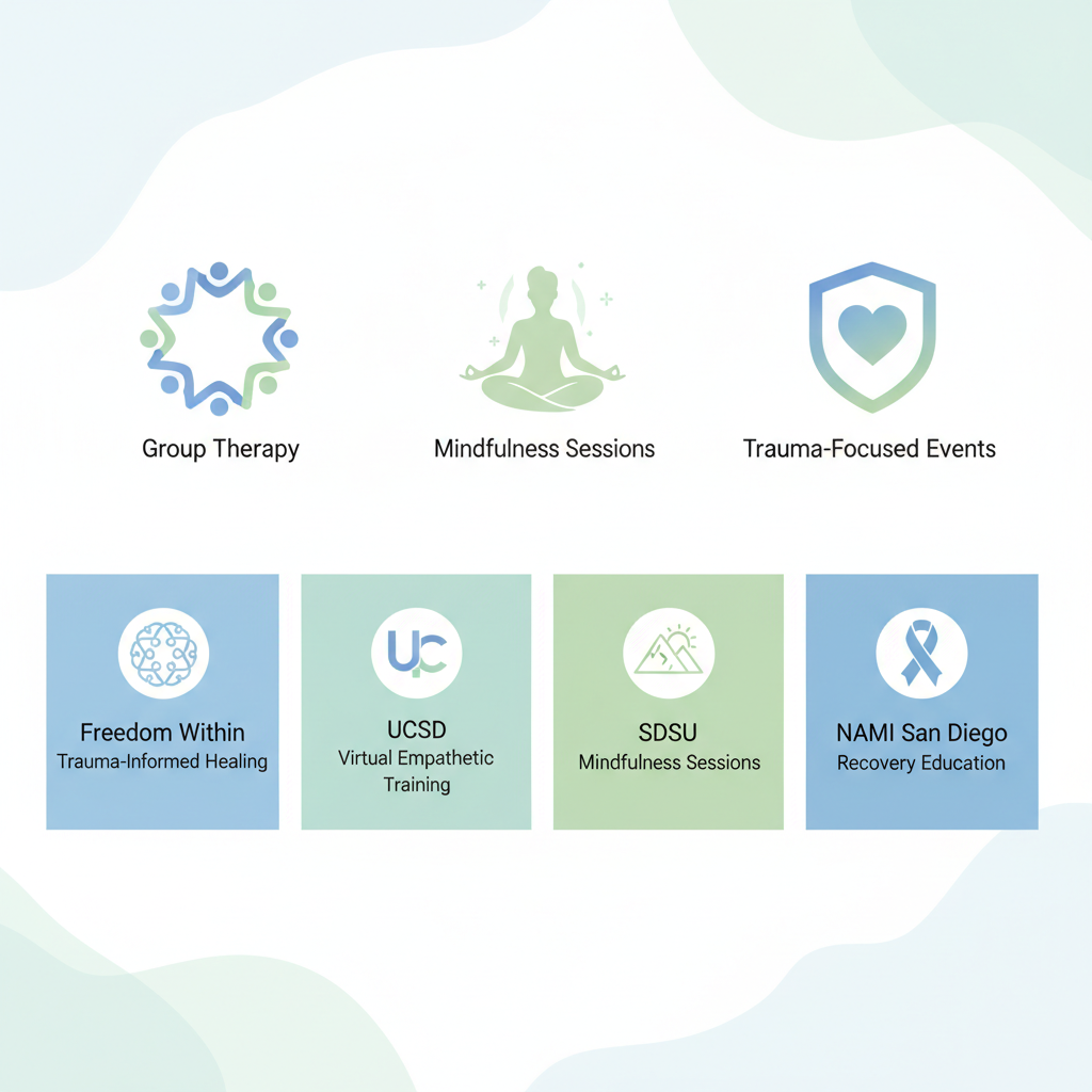 Infographic summarizing mental health workshops types and San Diego providers including icons for group therapy, mindfulness, trauma events and boxes for Freedom Within, UCSD, SDSU, NAMI.